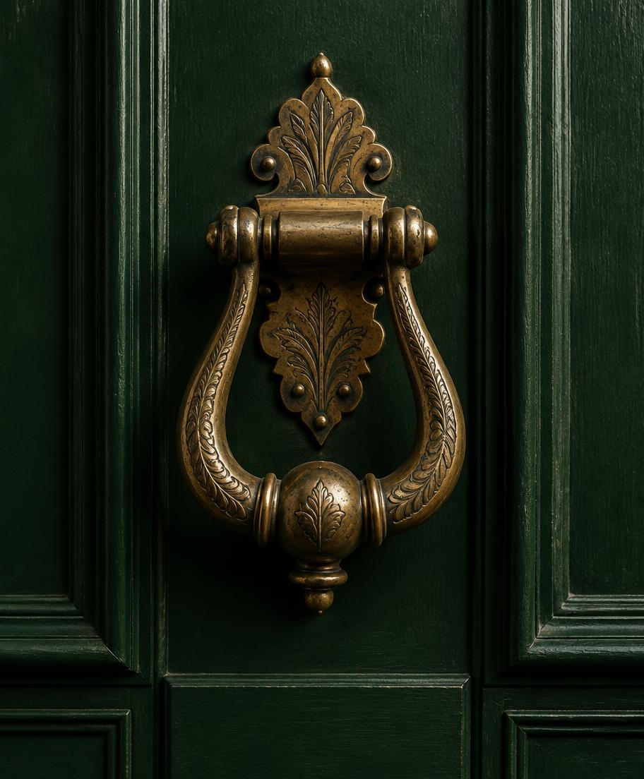 Antique brass knocker on a forest green door