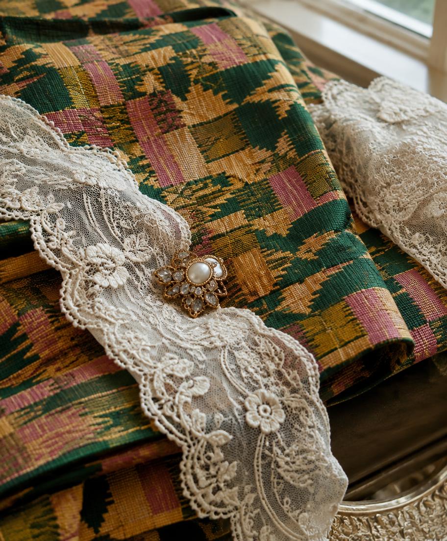 Kente cloth with Victorian lace and an heirloom brooch