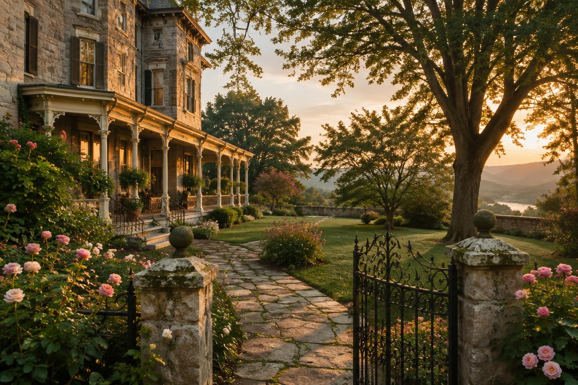 A Victorian manor with its long veranda and formal rose gardens in golden light